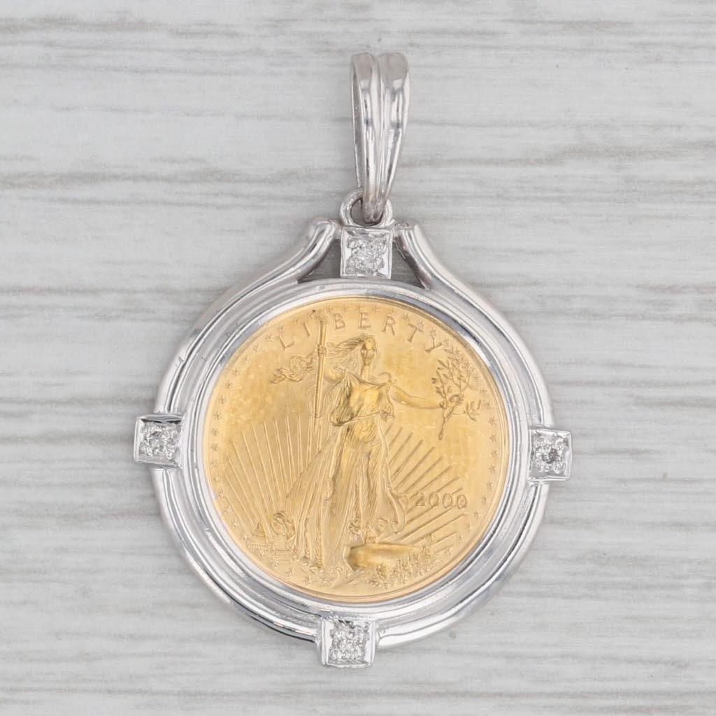 2000 Gold American Eagle Coin Pendant 5 Dollar Diamond Bail 18k 999 1/10oz