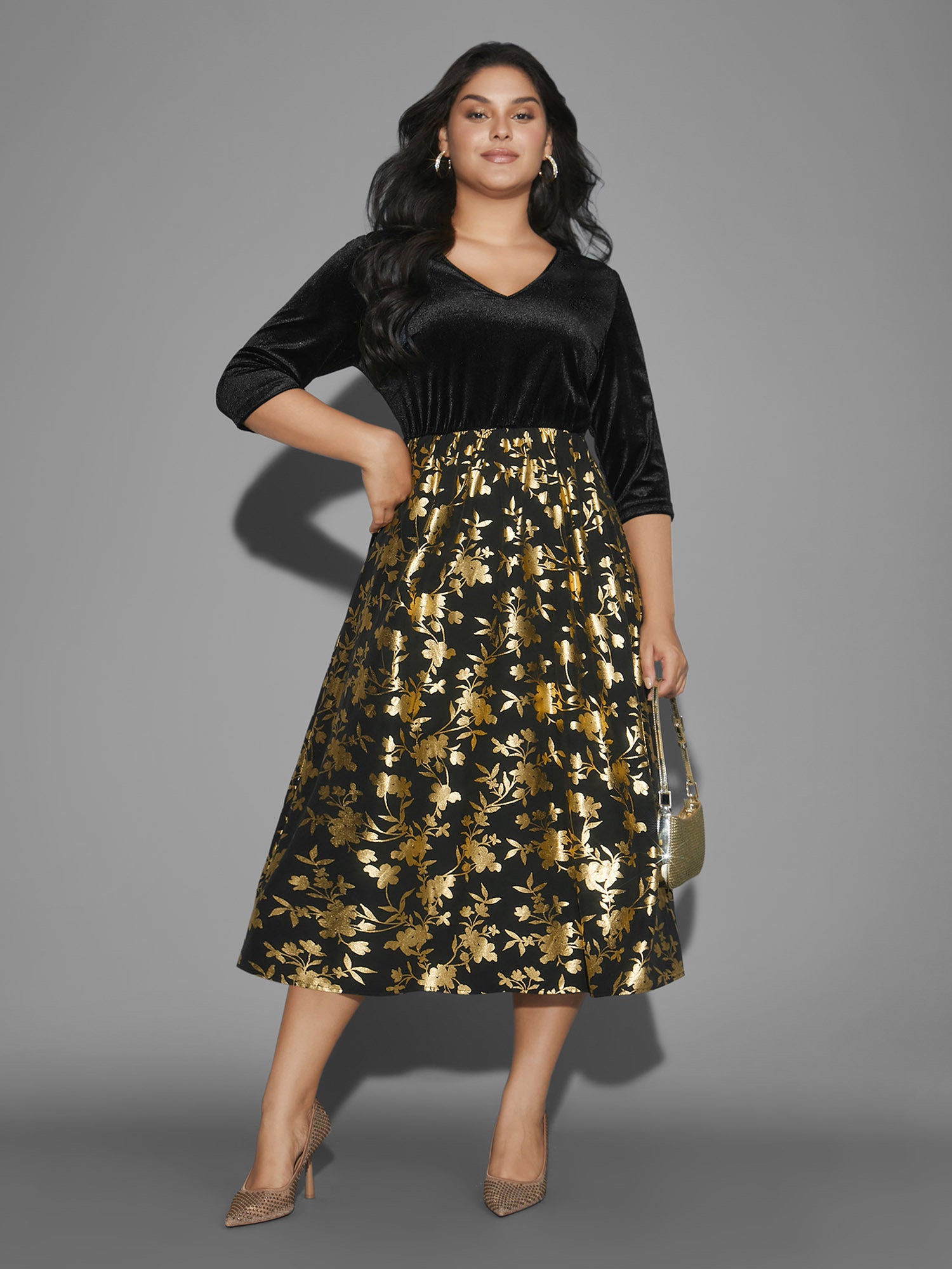 Glitter Floral Patchwork Velvet Midi Dress