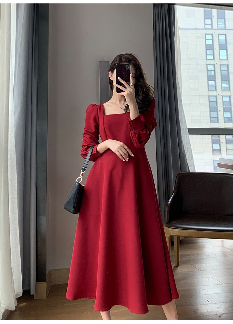 Long Sleeve Square Neck Fit & Flare Midi Dress