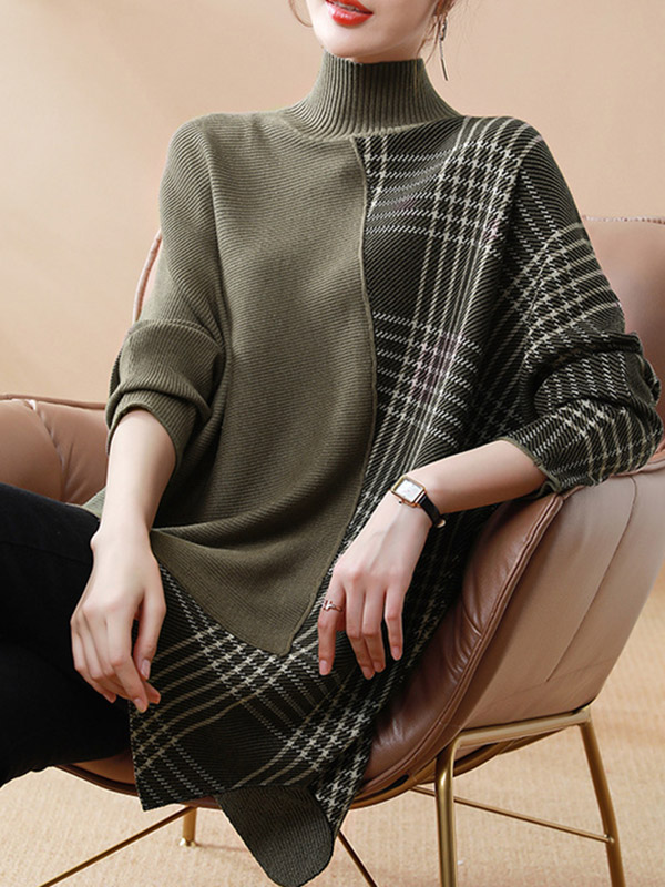 Casual Loose 3 Colors Split-Joint Plaid High-Neck Batwing Long Sleeves Sweater Top