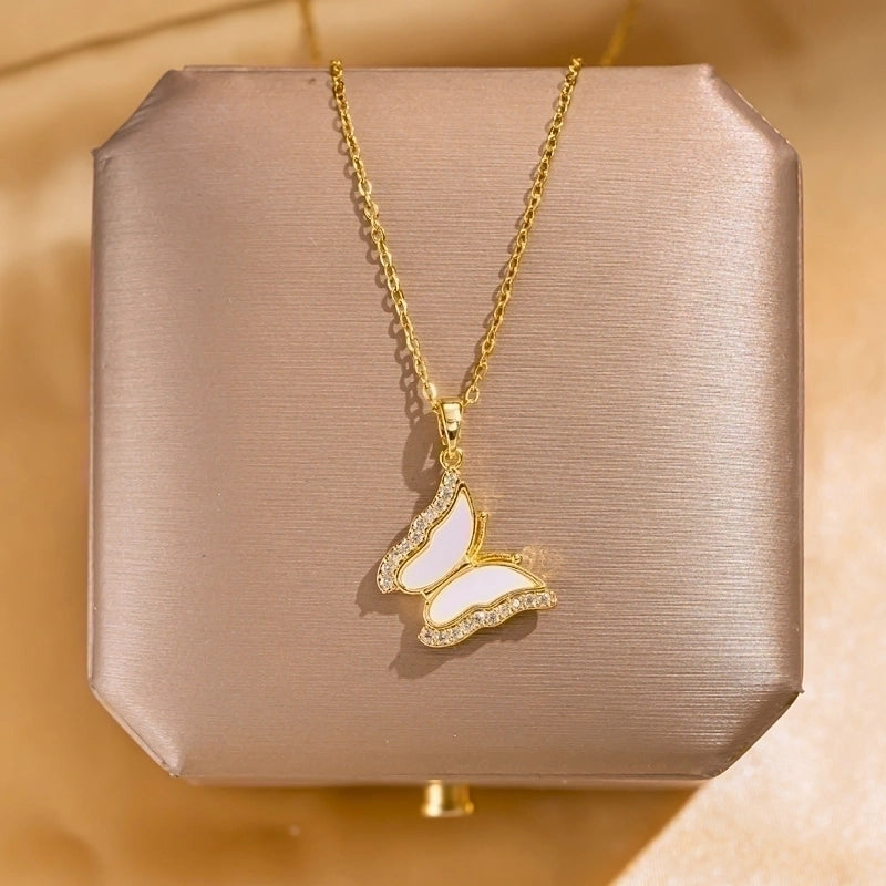 Elegant Lady Streetwear Geometric Flower Butterfly 304 Stainless Steel Acrylic Zircon 18K Gold Plated Inlay Pendant Necklace