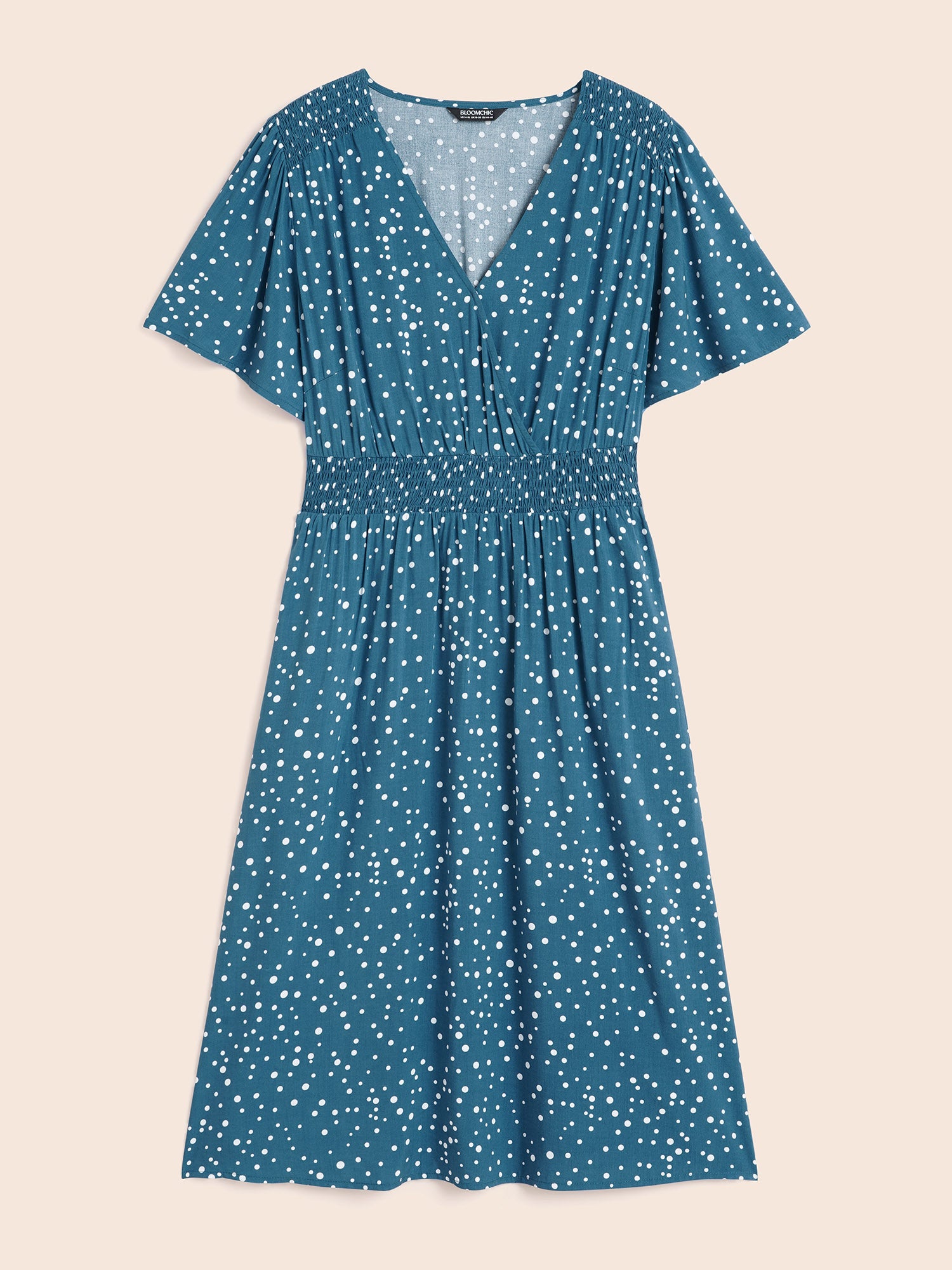 Polka Dot Wrap Pocket Shirred Ruffle Sleeve Dress