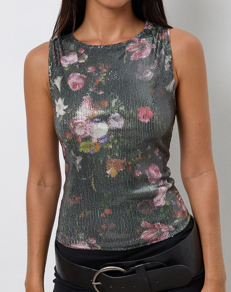 Hala Vest Top in Sequin Vintage Flower