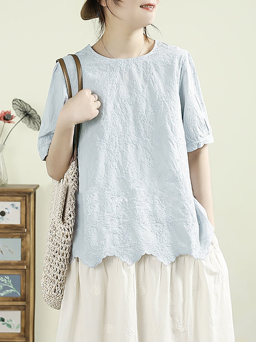 Women Summer Embroidery Wave Hem 100%Cotton Shirt