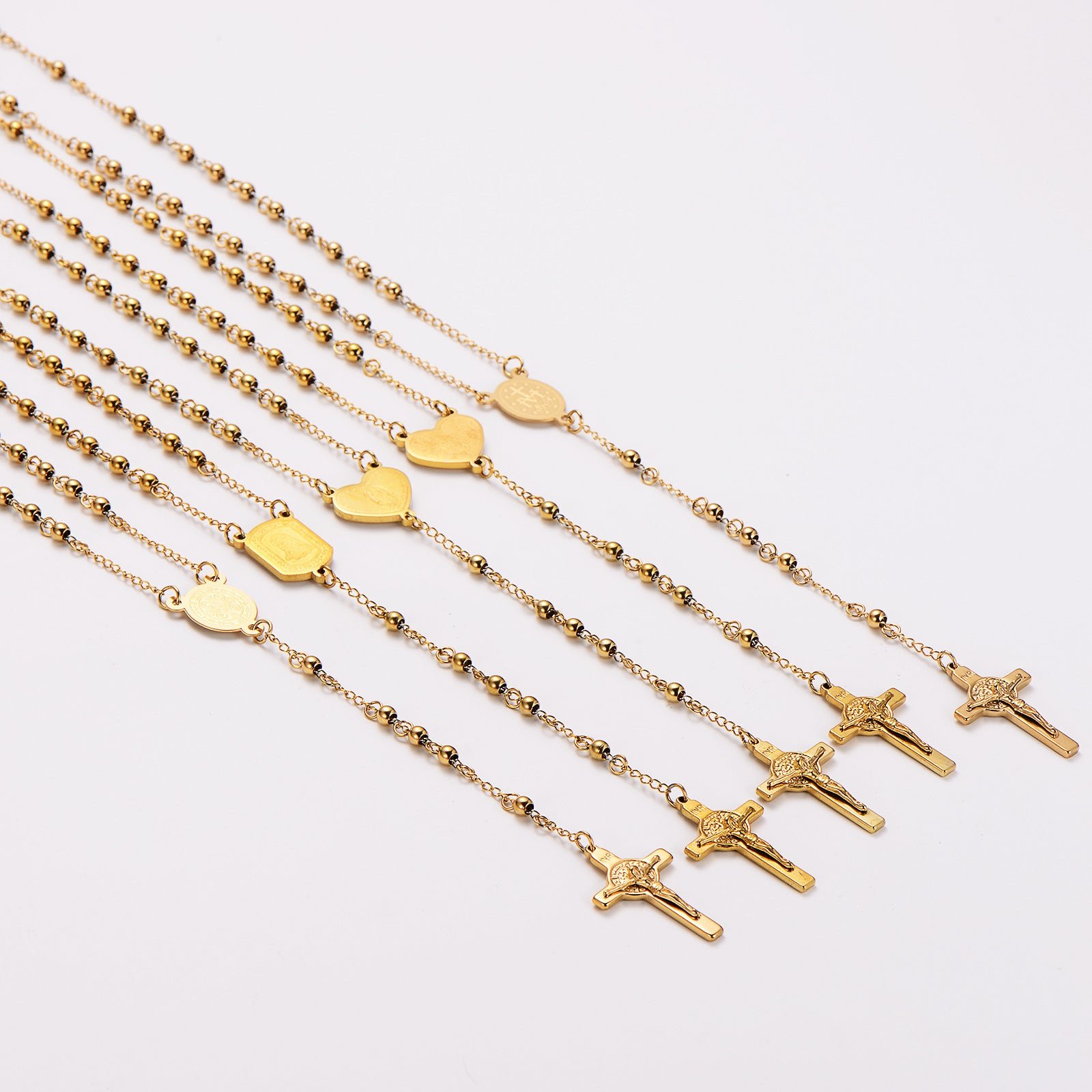 Aml Fashion Stainless Steel Round Beads Rosary Men And Women Cross Necklace Sweater Chain