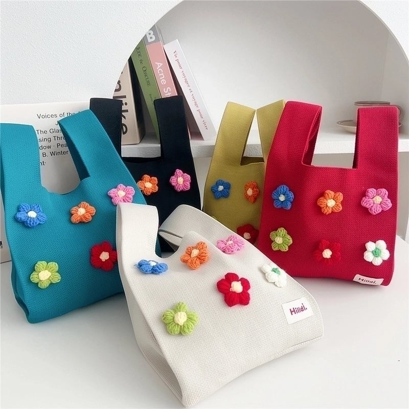 Women's All Seasons Knit Flower Cute Bucket Open Handbag Bucket Bag