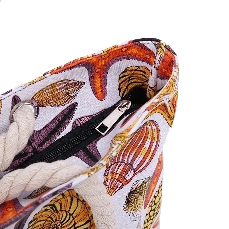 Women's Large Cotton Polyester Starfish Shell Vacation Square Zipper Canvas Bag