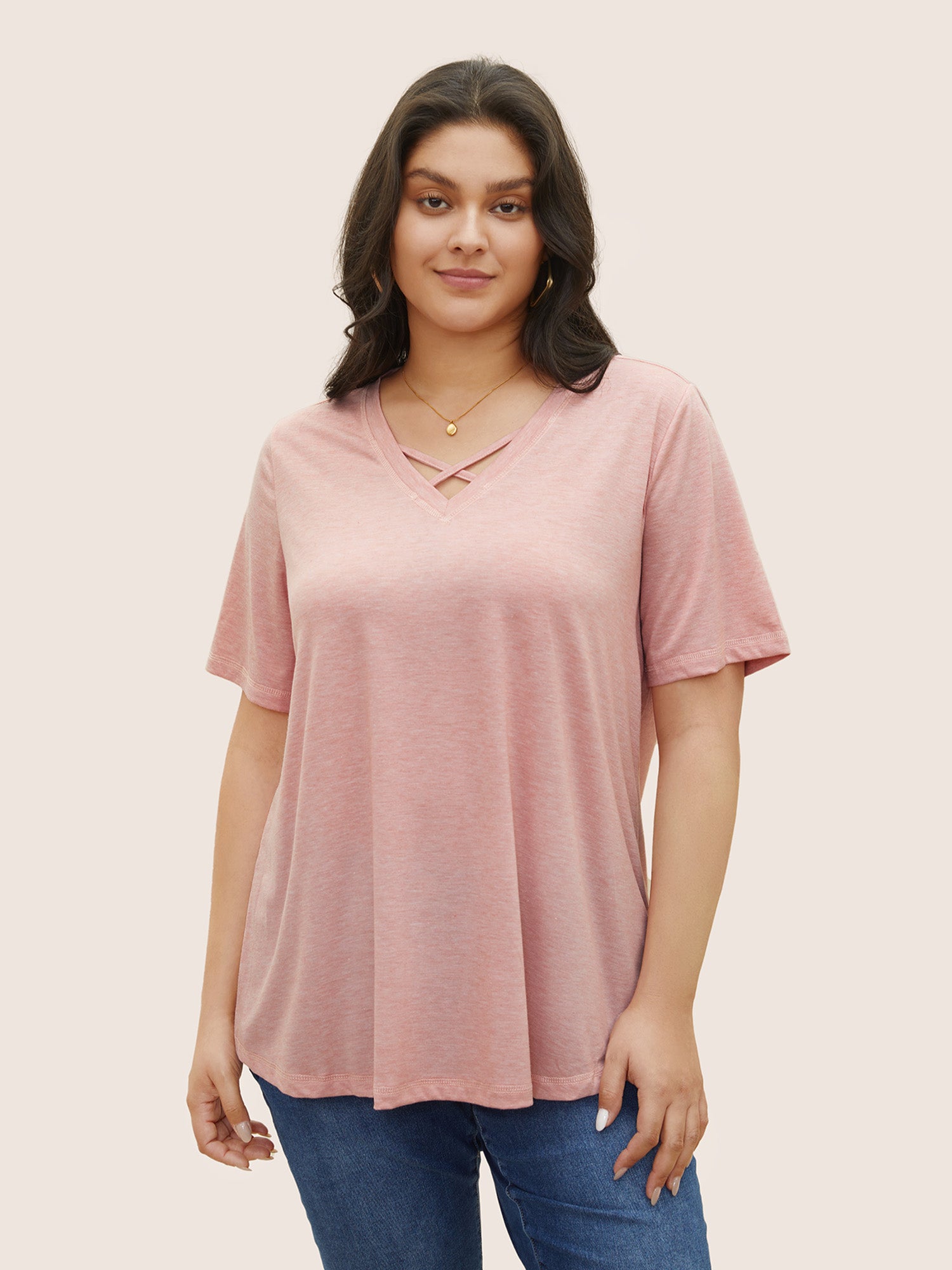 Solid Crisscross Neck Contrast Stitch T-shirt