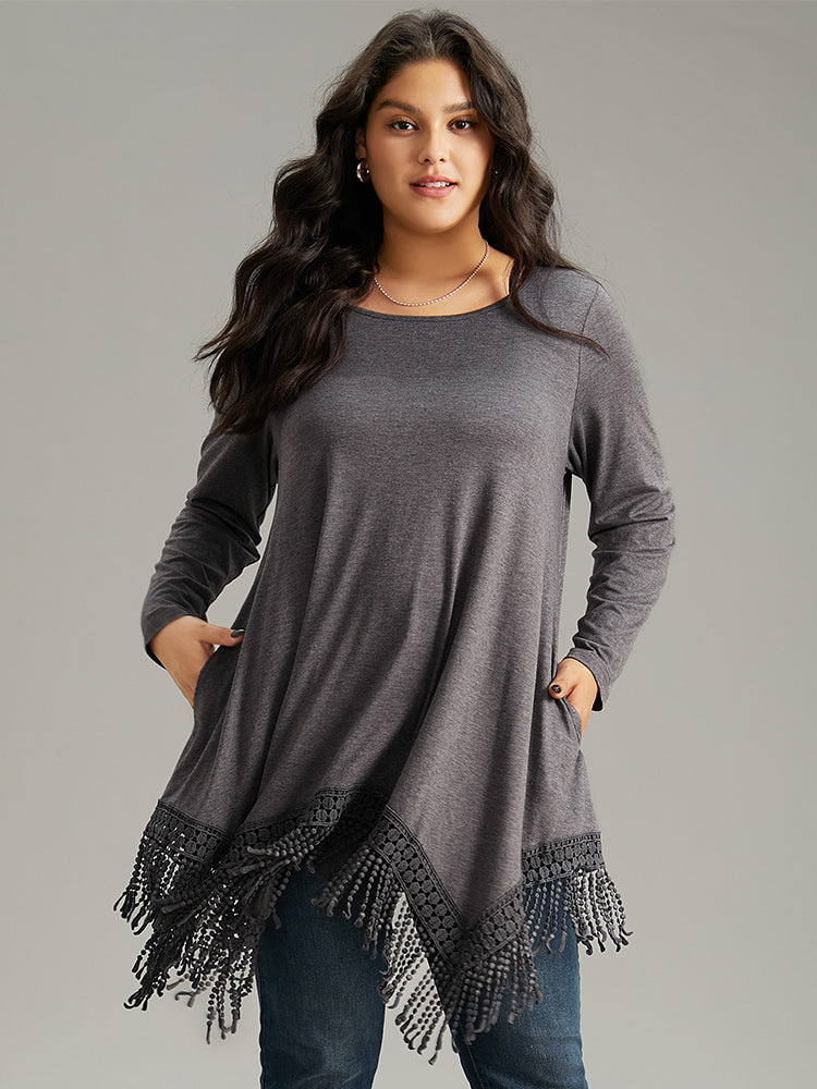 Solid Tassels Trim Pocket Asymmetrical Hem T-shirt