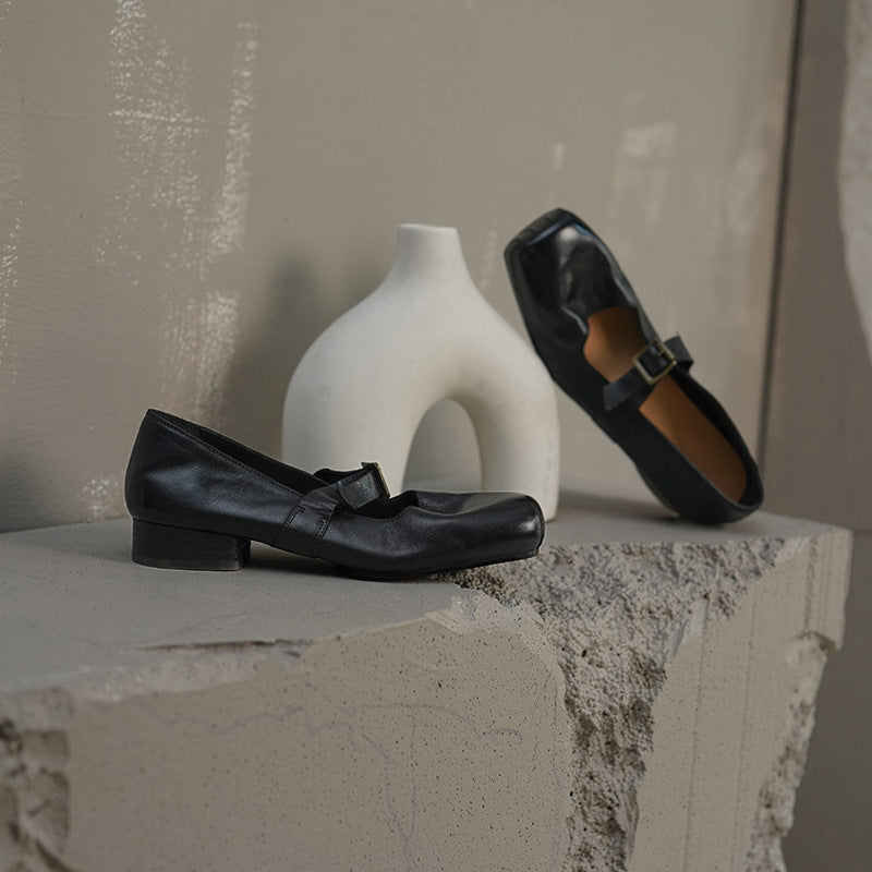 Elegant Square-Toe Horse Leather Mary Jane Shoes with Block Low Heel Buckle Apricot/Black/Brown