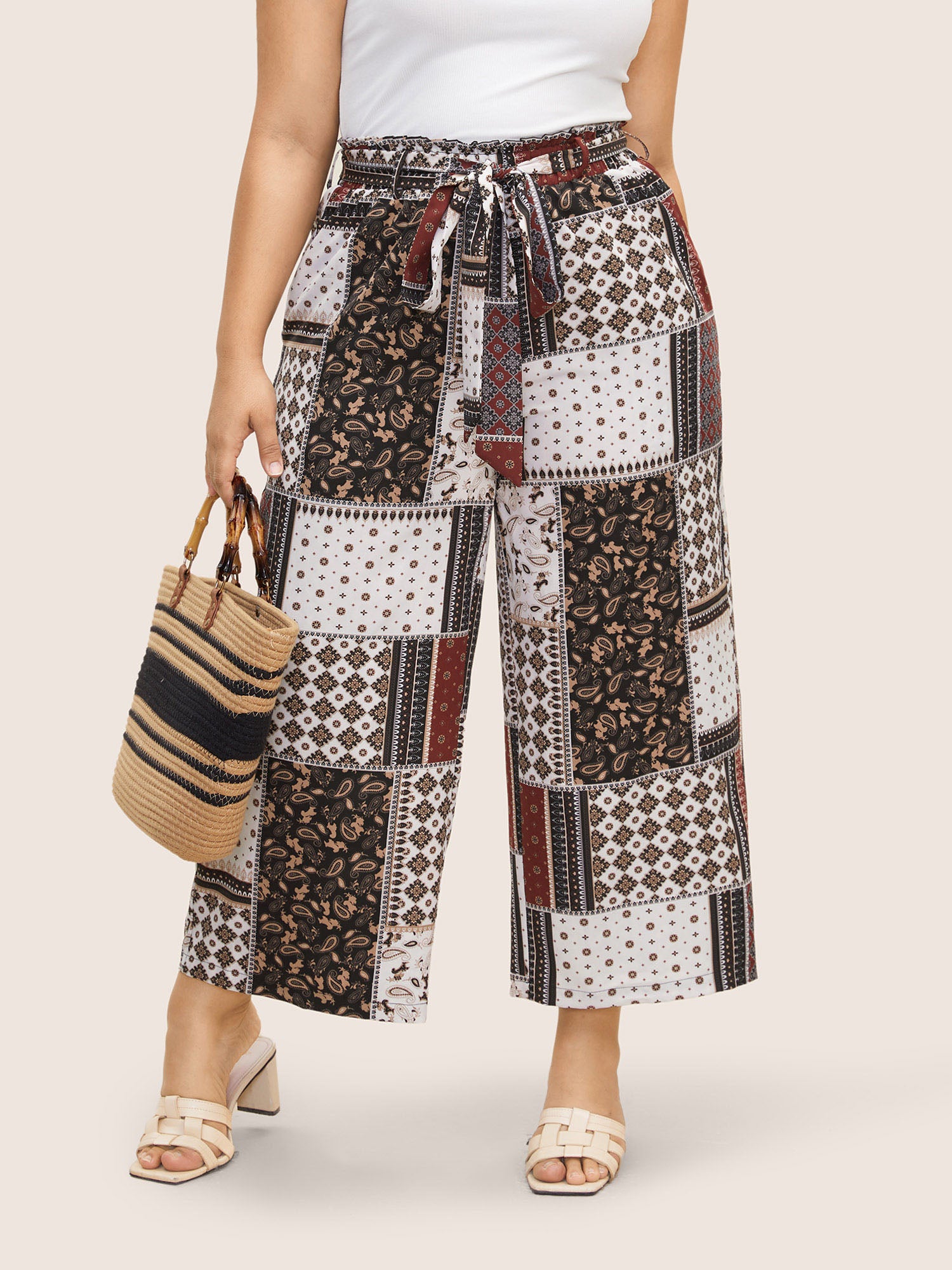 Patchwork Floral Belted Wide Leg Pants