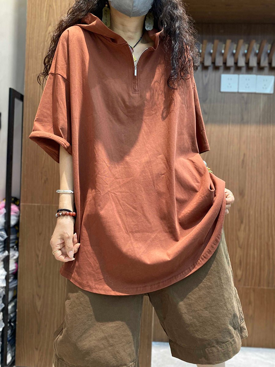 Women Summer Casual Pure Color Hooded Cotton Shirt