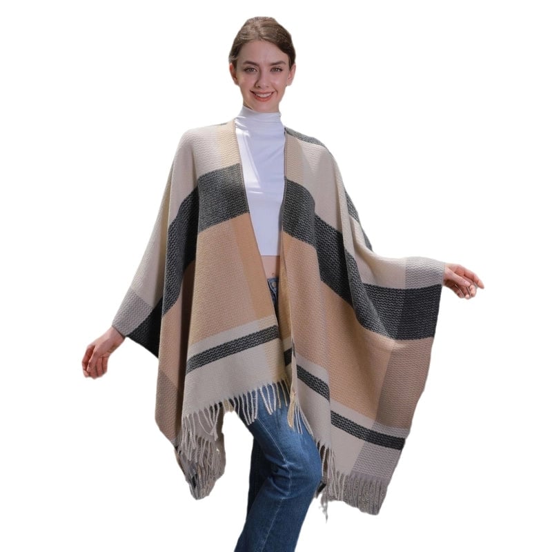 New Tassel Split Shawl Autumn And Winter Women's Simple Plaid Jacquard Scarf Cloak Hot Selling