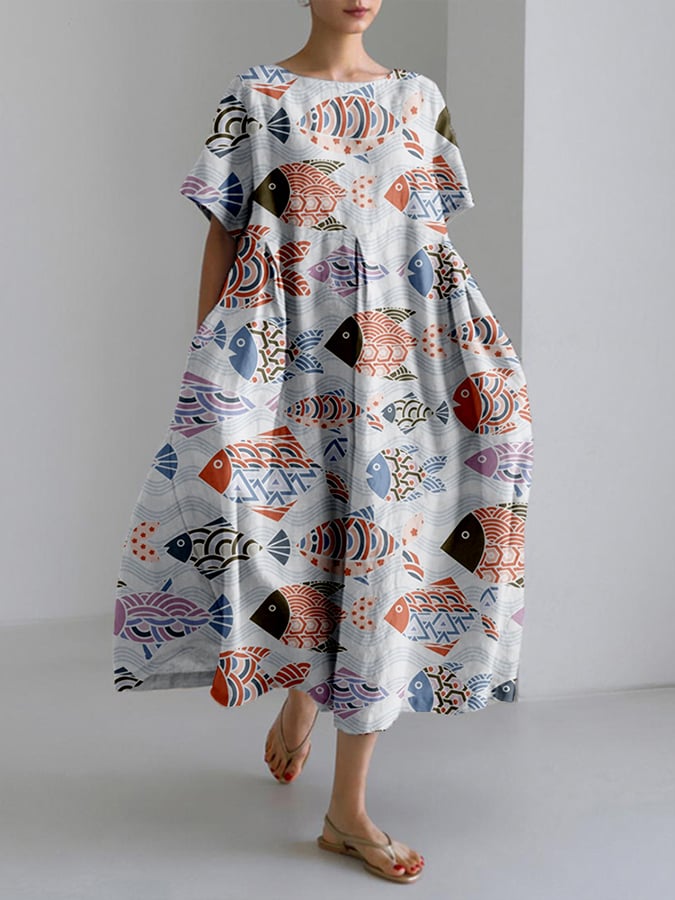 The New Small Fish Print Medium Long Loose And Loose Dress