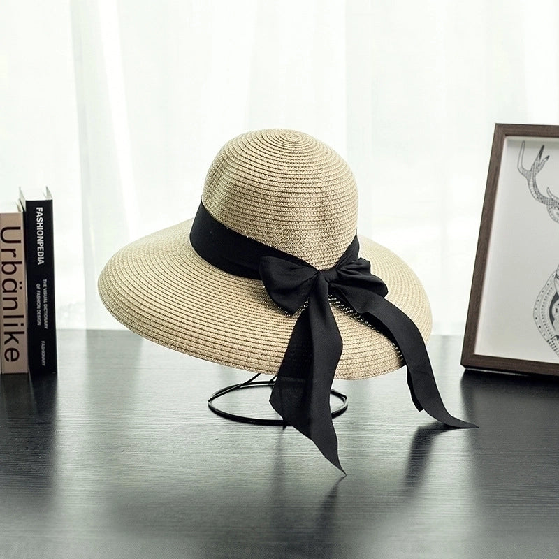 Women's Vacation Solid Color Bowknot Crimping Sun Hat