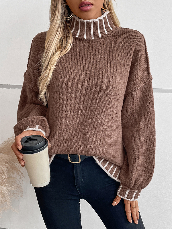 Long Sleeves Loose Contrast Color Split-Joint High Neck Pullovers Sweater Tops