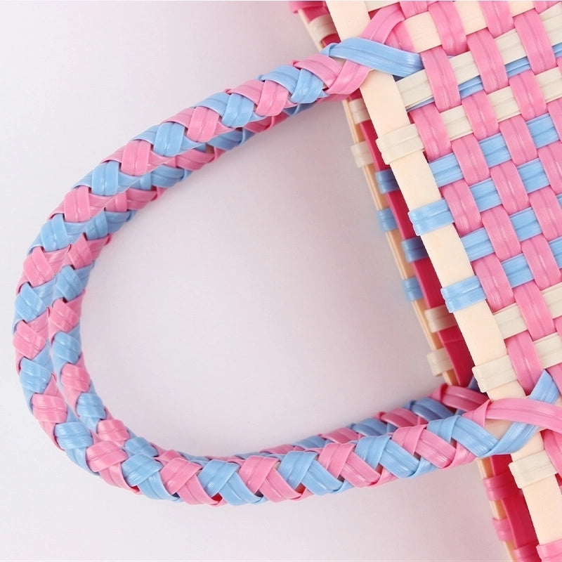 Women's Large Plastic Color Block Beach Classic Style Open Straw Bag