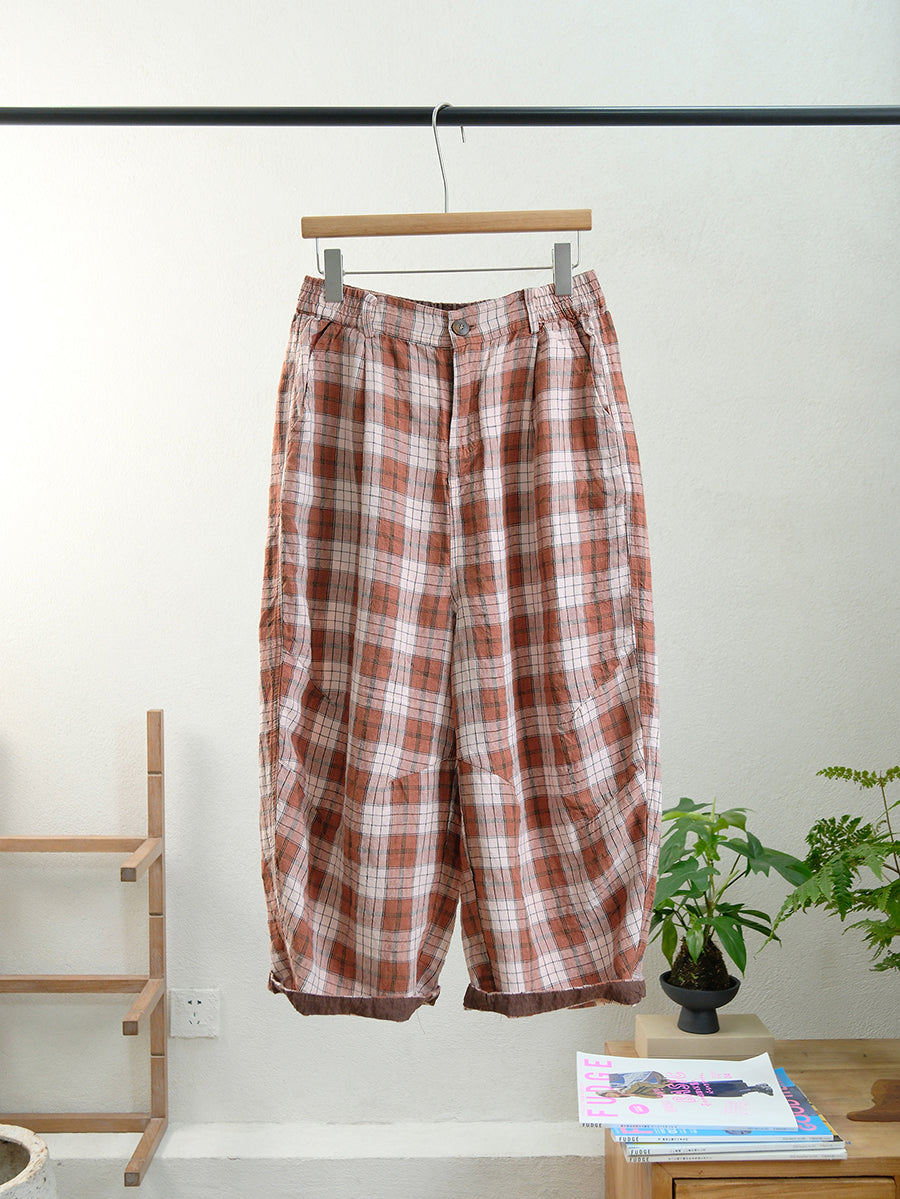 Women Summer Vintage Plaid Linen Wide-leg Pants