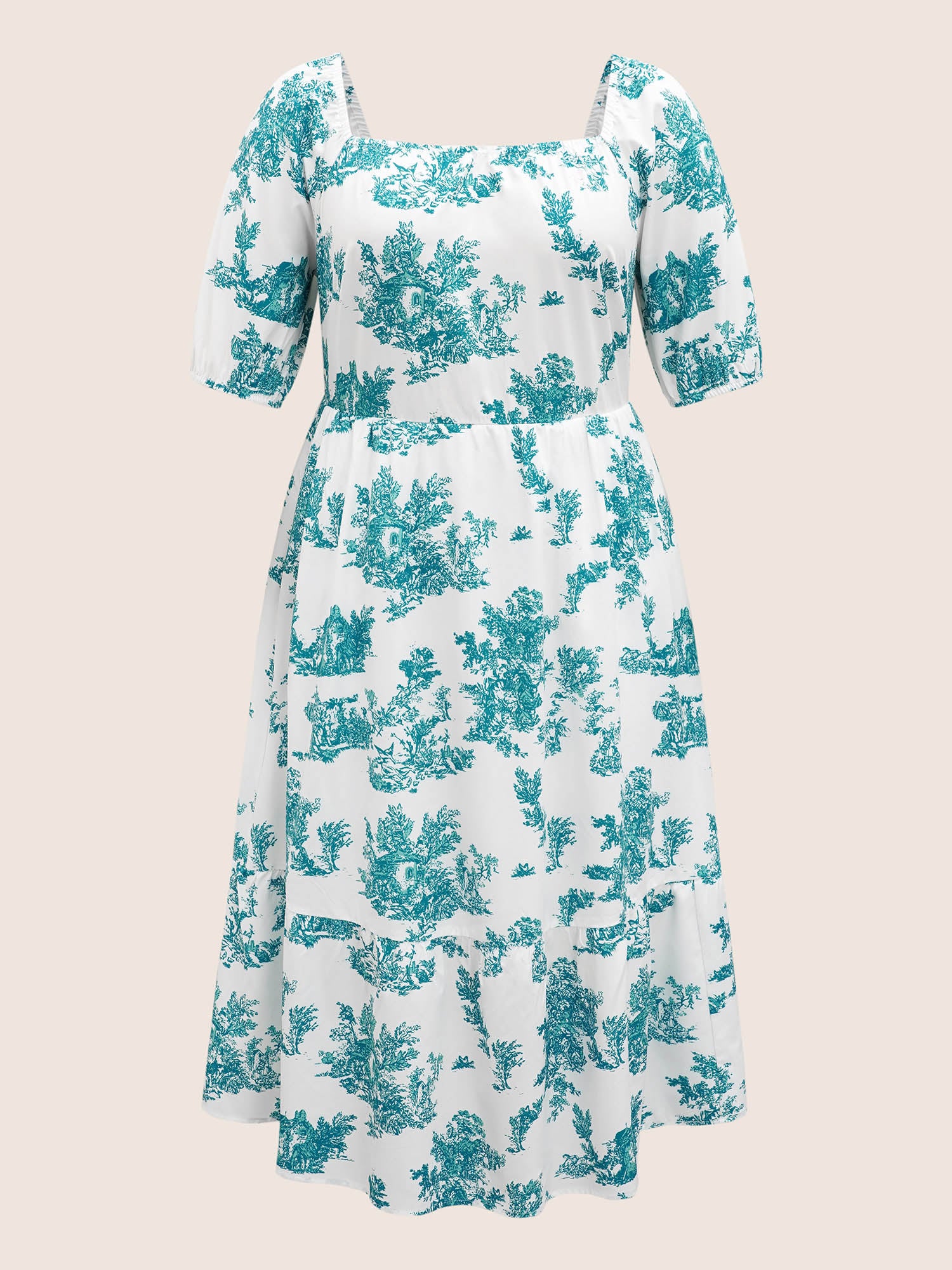 Square Neck Floral Gathered Midi Dress