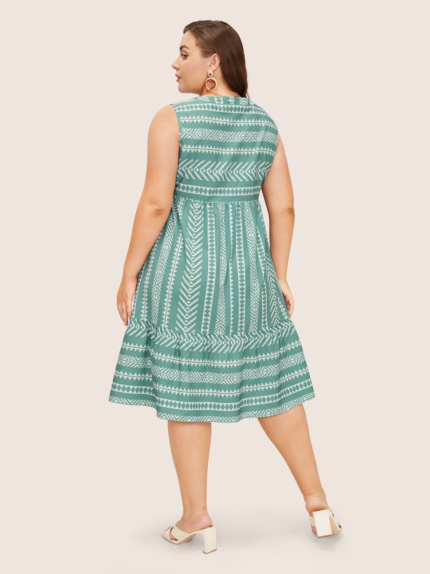 Striped Geometric Pocket Ruffle Hem Sleeveless Tank Dress