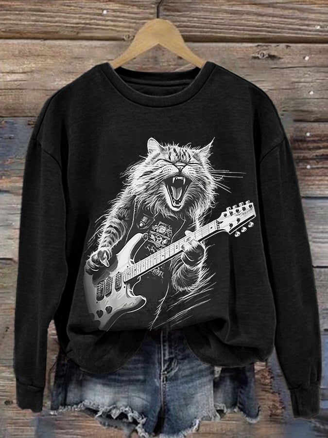 Retro Rock Guitar Cat Print Sweatshirt