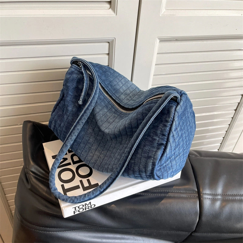 Women's Large Denim Solid Color Streetwear Pillow Shape Zipper Shoulder Bag Crossbody Bag