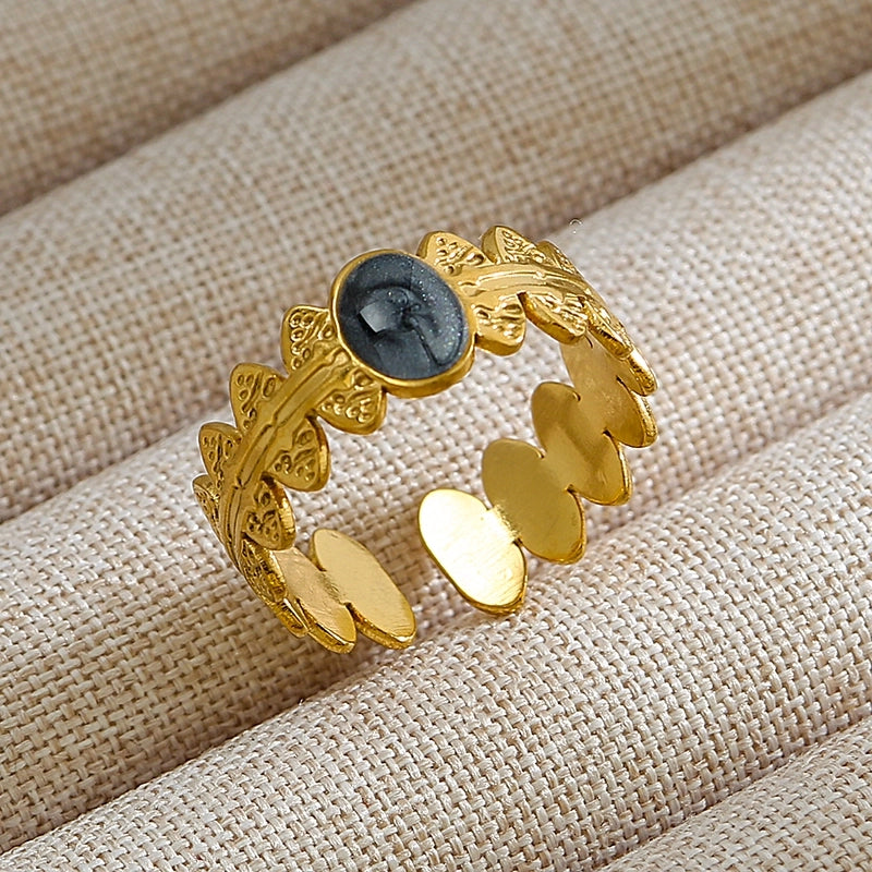 Rock Oversized Leaves Eye Flower 304 Stainless Steel Gem 18K Gold Plated Inlay Open Rings