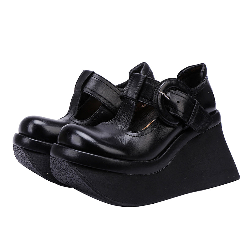 80mm Heel Chunky Platform T-Straps Cowhide Wedges Mary Jane in Khaki/Black