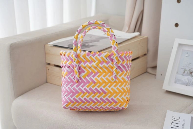Women's Small PVC Stripe Bow Knot Cute Weave Square Open Handbag