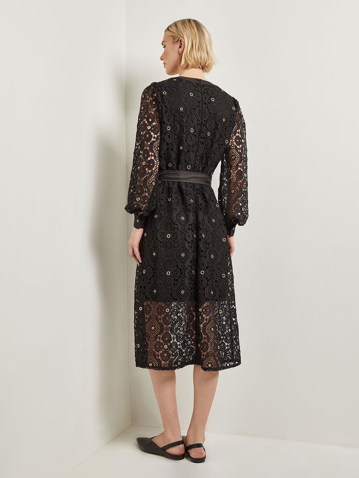Gold Grommet Laced Shift Midi Dress