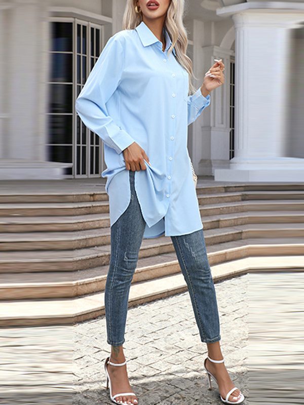 High-Low Irregular Clipping Solid Color Split-Joint Lapel Blouses