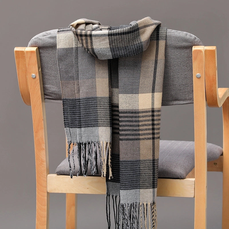 Autumn And Winter Men's Plaid Scarf British Plaid Cashmere Tassel Couple Parent-child Men's Scarf