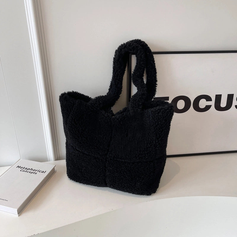 Women's Large Plush Solid Color Streetwear Bucket Magnetic Buckle Tote Bag