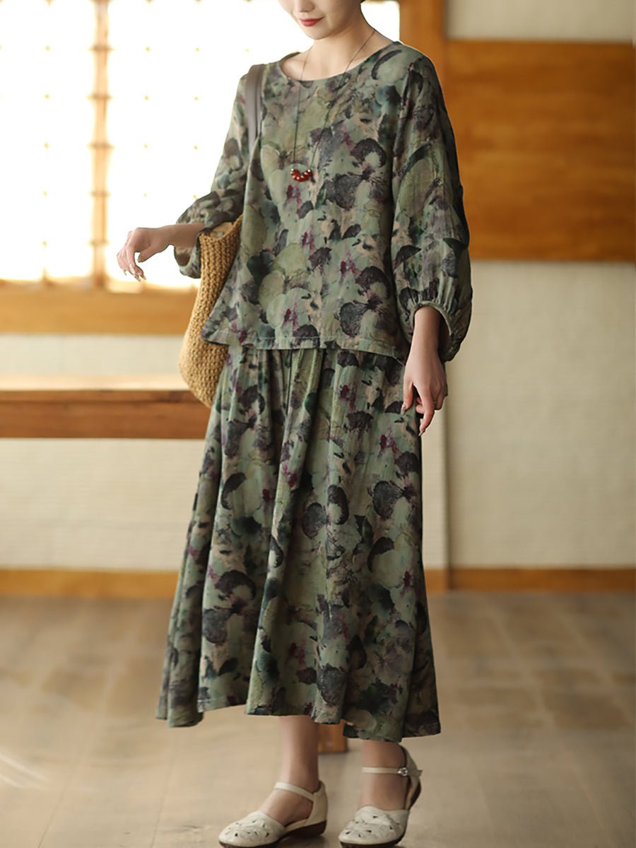 Women Spring Artsy Flower O-Neck Cotton Linen Shirt