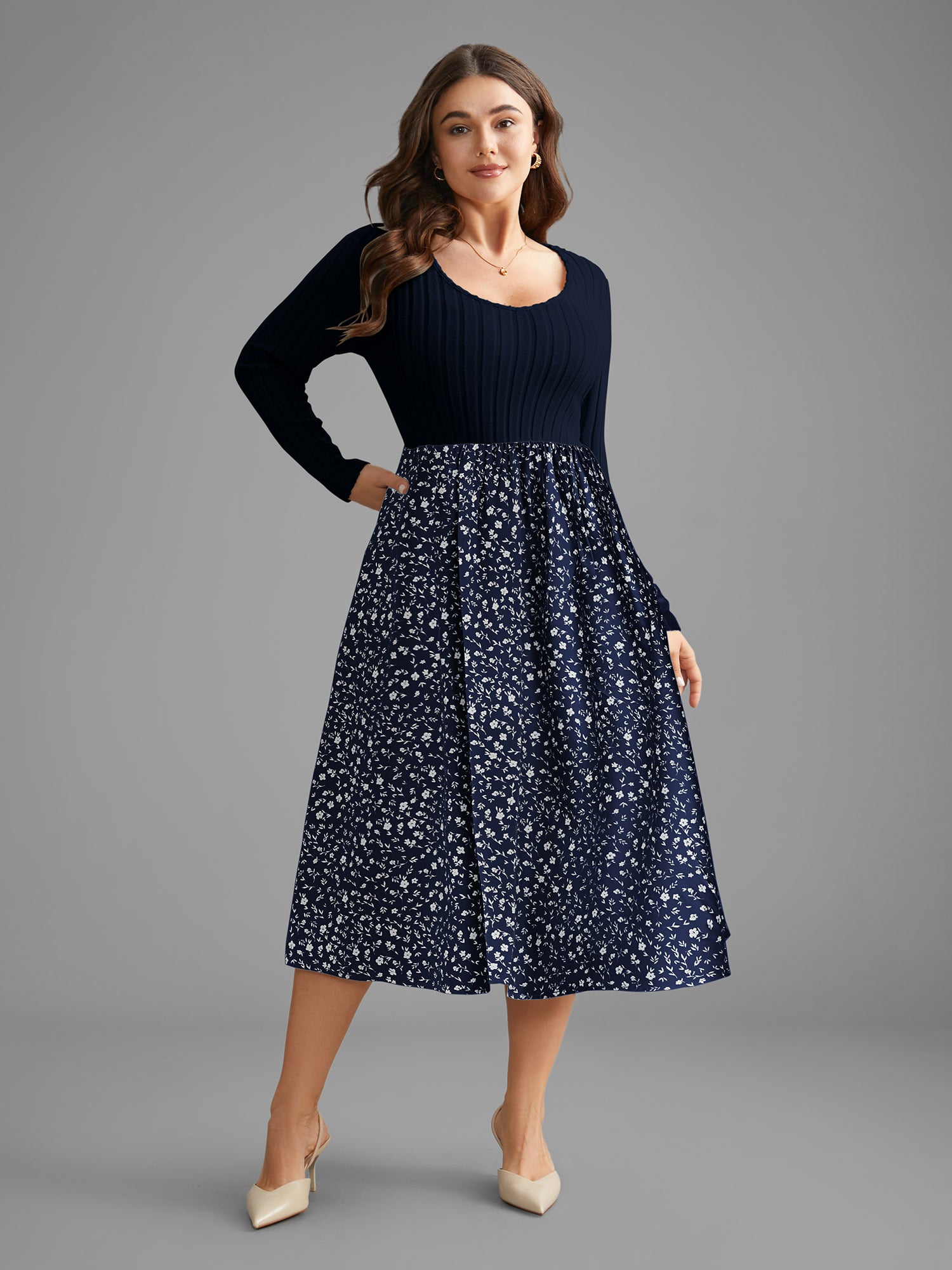 Ditsy Floral Patchwork Texture Midi Dress