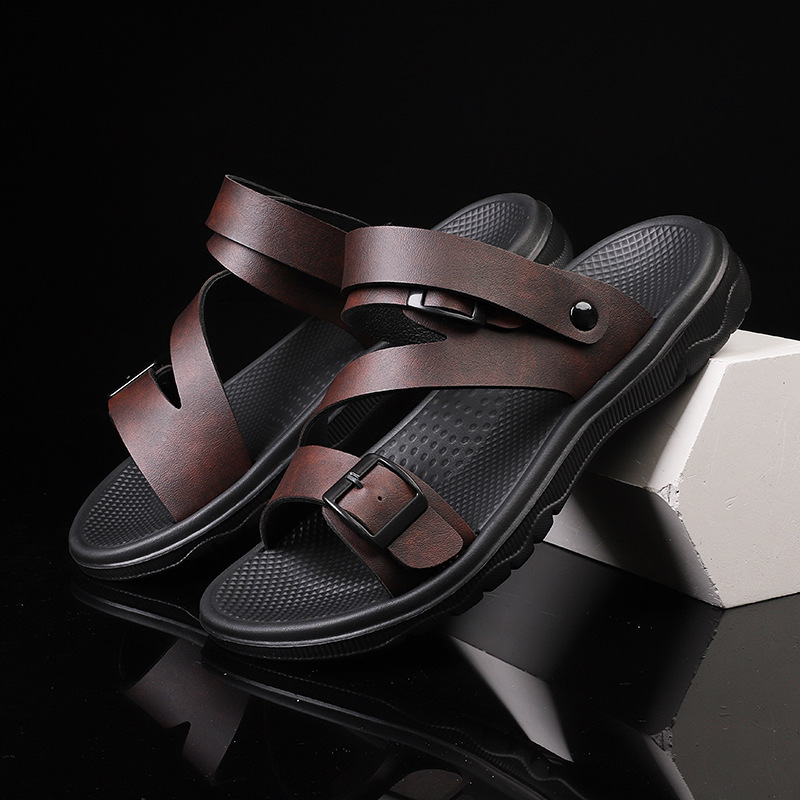 Gamechancemagic flats Summer Sandals for Men Outdoor Casual Sport Slippers PU Leather Non-slip Breathable Roman Shoes Beach Flip-Flop Garden Shoes