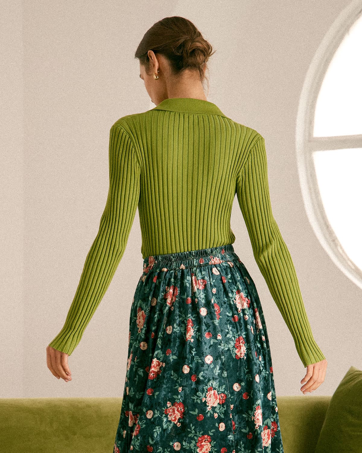 The Green Lapel Ribbed Long Sleeve Knit Top