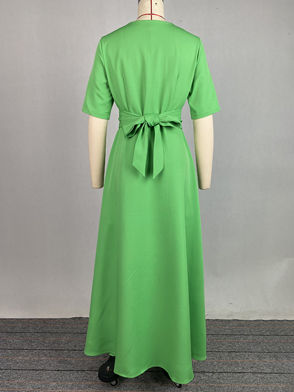 Half Sleeves High Waisted Solid Color Tied Waist V-Neck Maxi Dresses