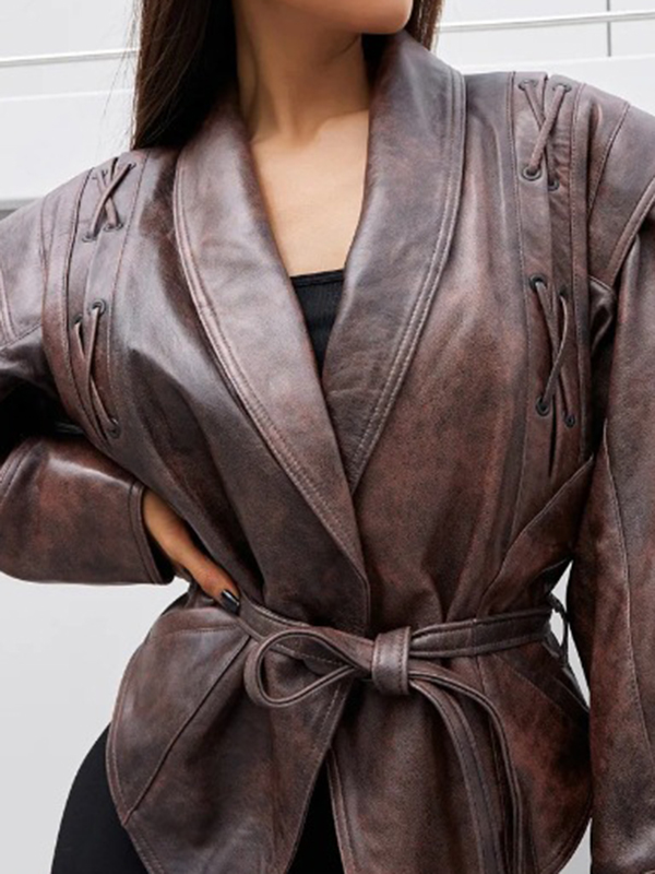 Long Sleeves Loose Split-Joint Tied Waist Lapel Jackets Outerwear