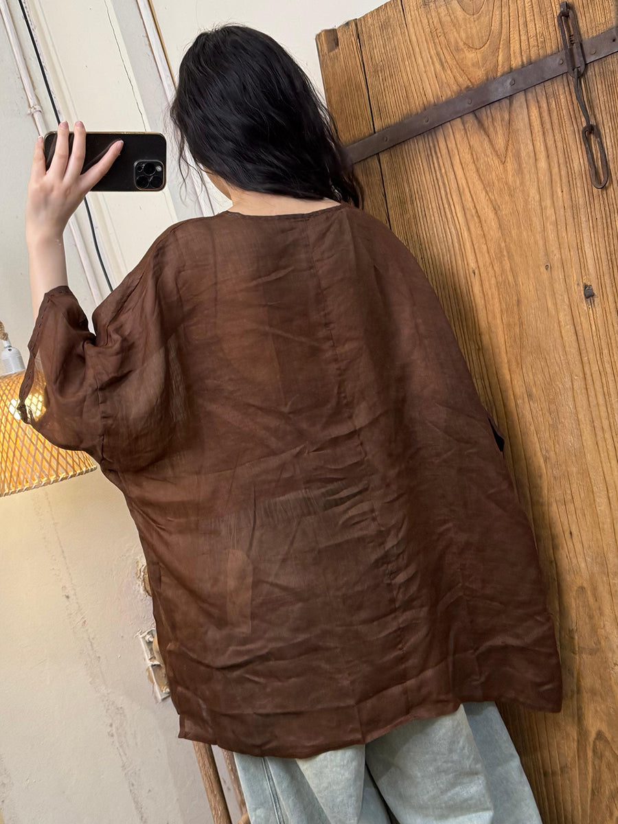 Women Summer Vintage Pure Color O-Neck Ramie Shirt