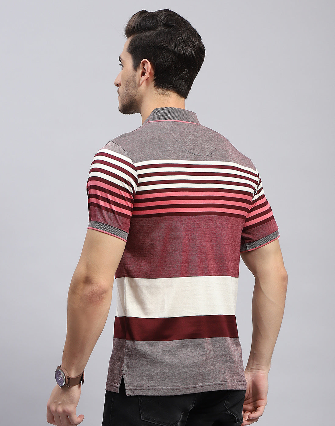 Men Maroon Stripe Polo Collar Half Sleeve T-Shirt