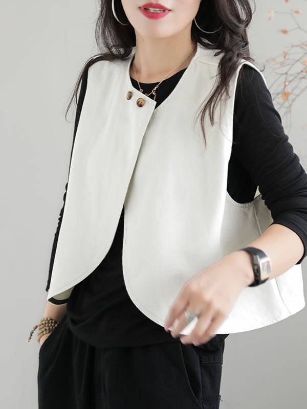 Artistic Retro Loose Sleeveless Solid Color Round-Neck Vest Outerwear