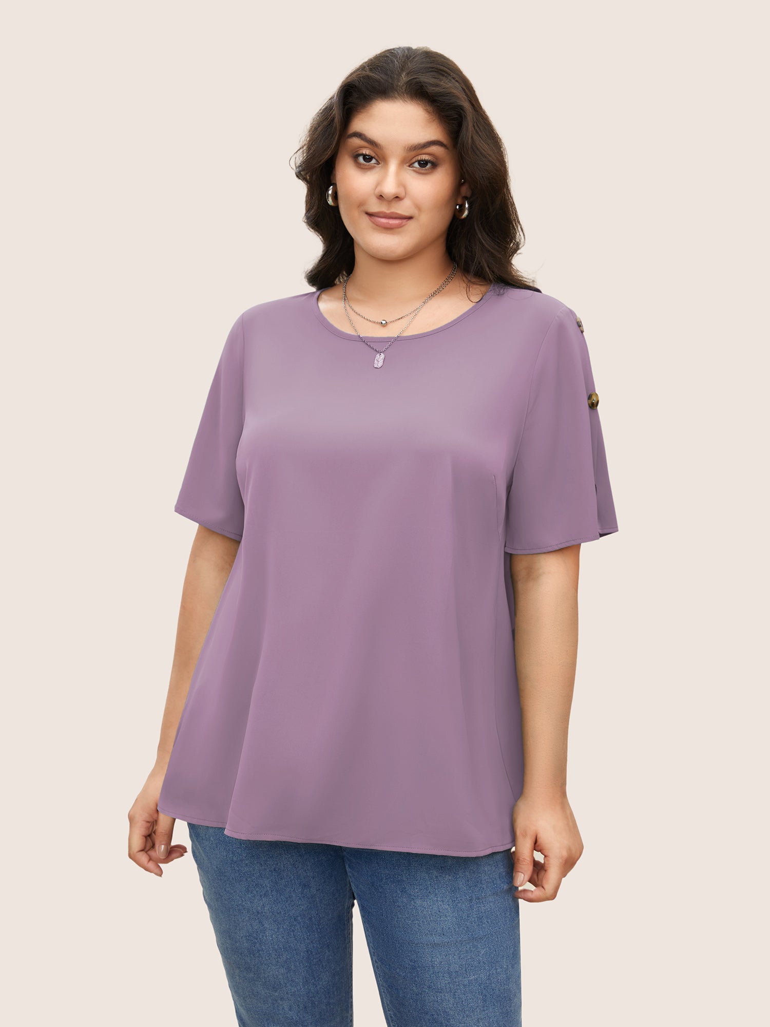 Plain Round Neck Button Detail Blouse