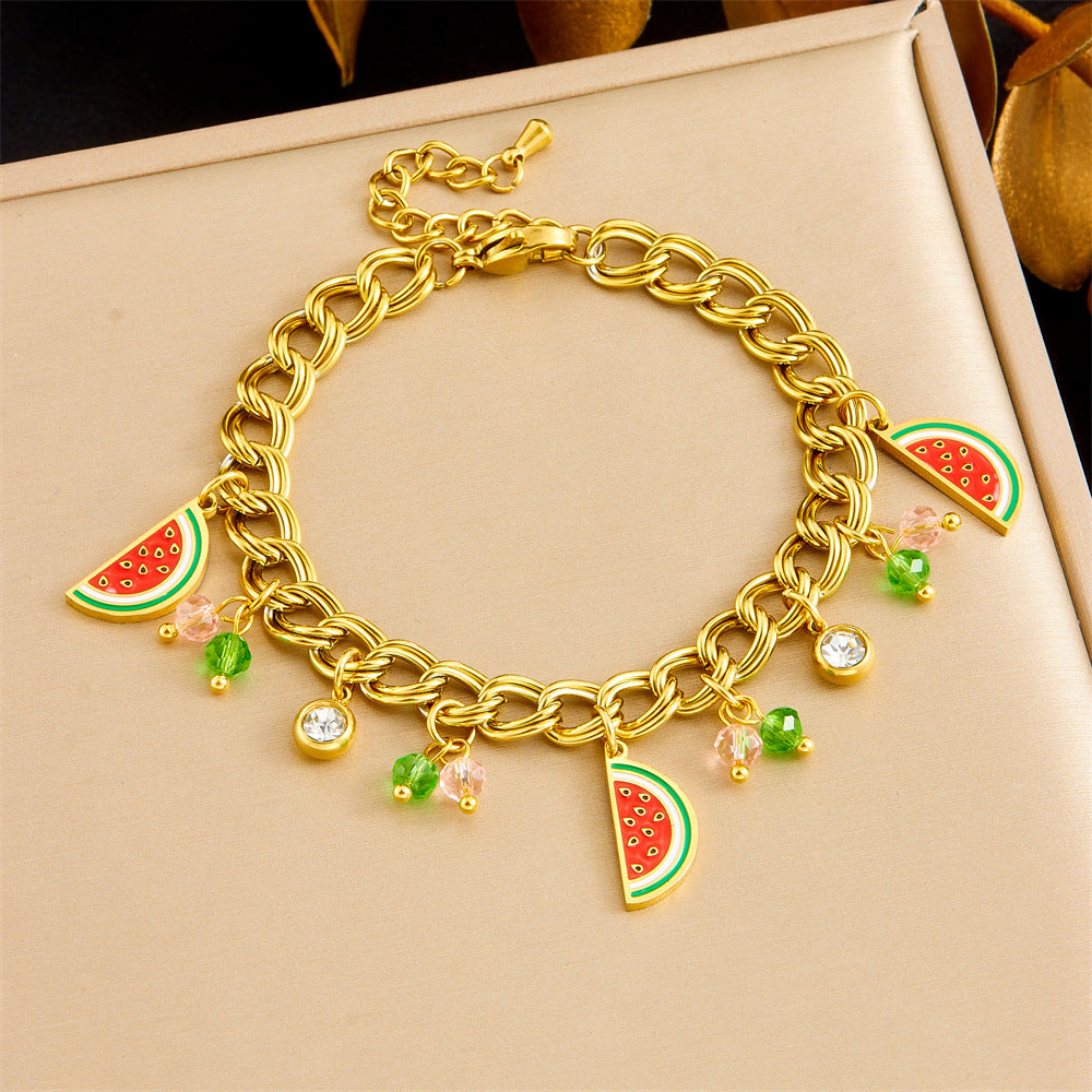 Fashion Small Fresh Cartoon Color Oil Drop Lemon Avocado Watermelon Pineapple Pendant Stainless Steel Bracelet