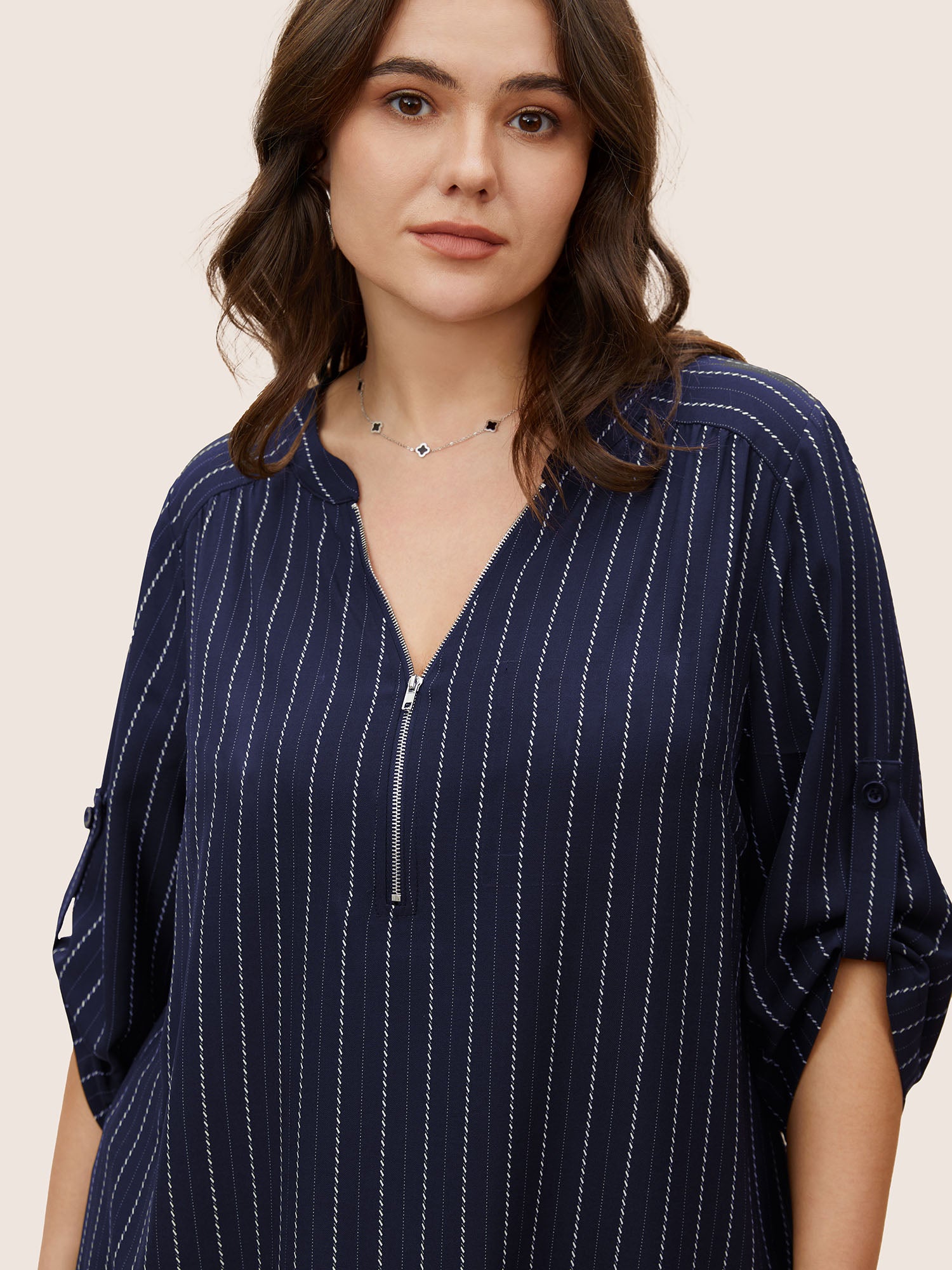 Striped Half Zip Tab Sleeve Blouse