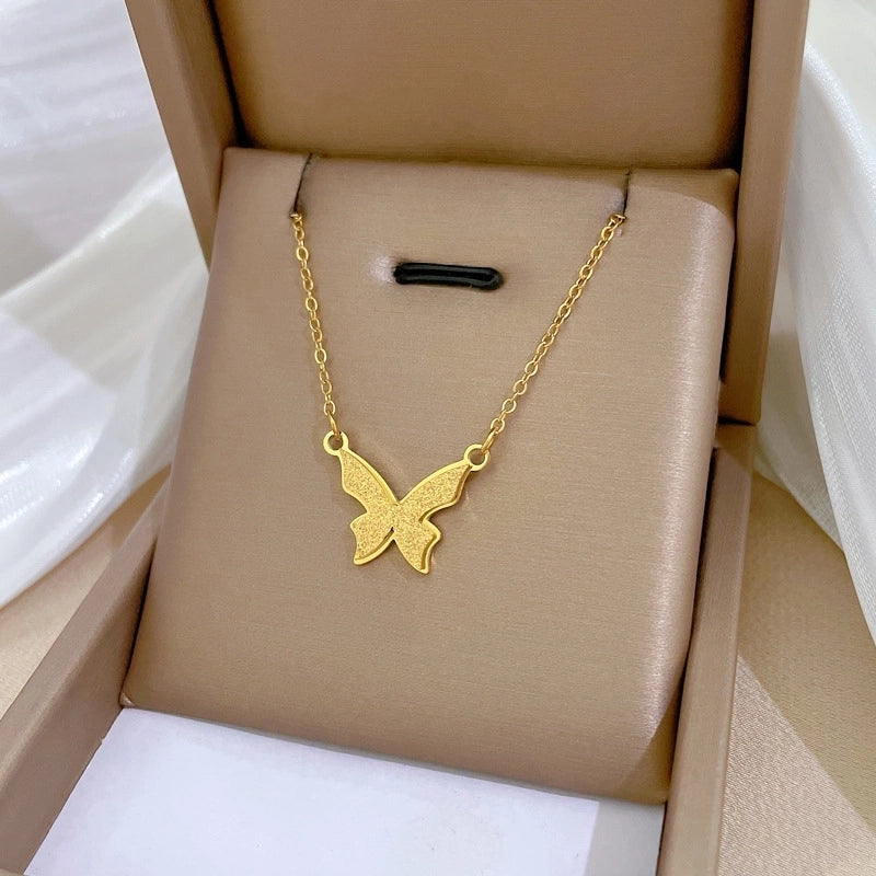 Minimalist Circle Letter Butterfly Titanium Steel Plating Inlay Rhinestones Necklace