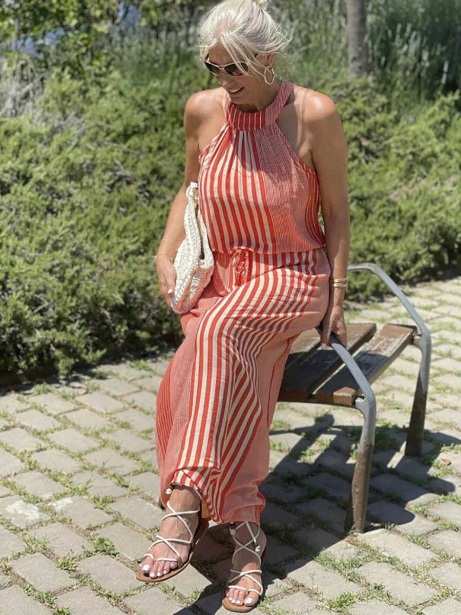 Sleeveless Round Neck Striped Dress