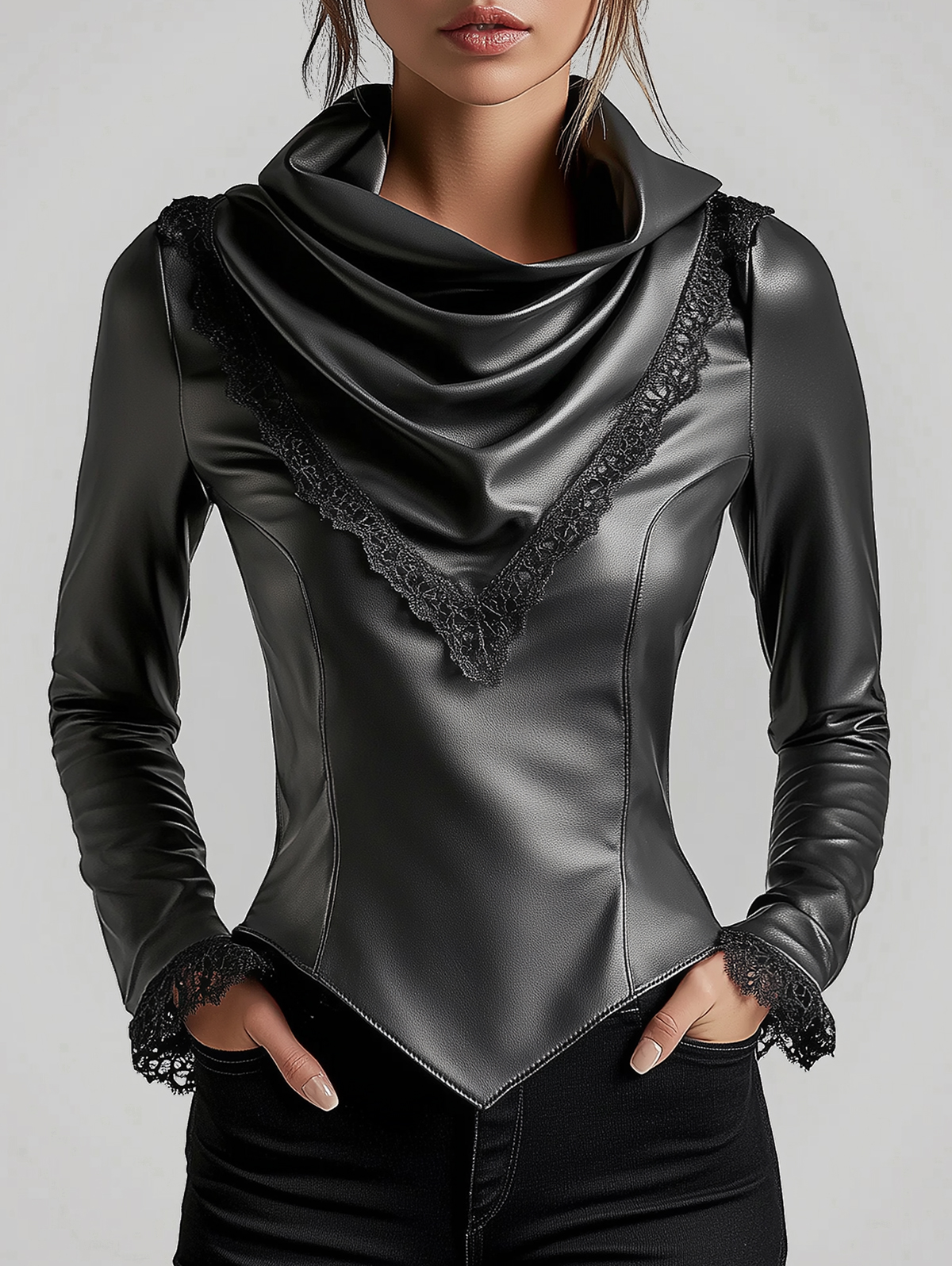 Ursime Cowl Neck Lace Trim Long Sleeve PU Leather Blouse