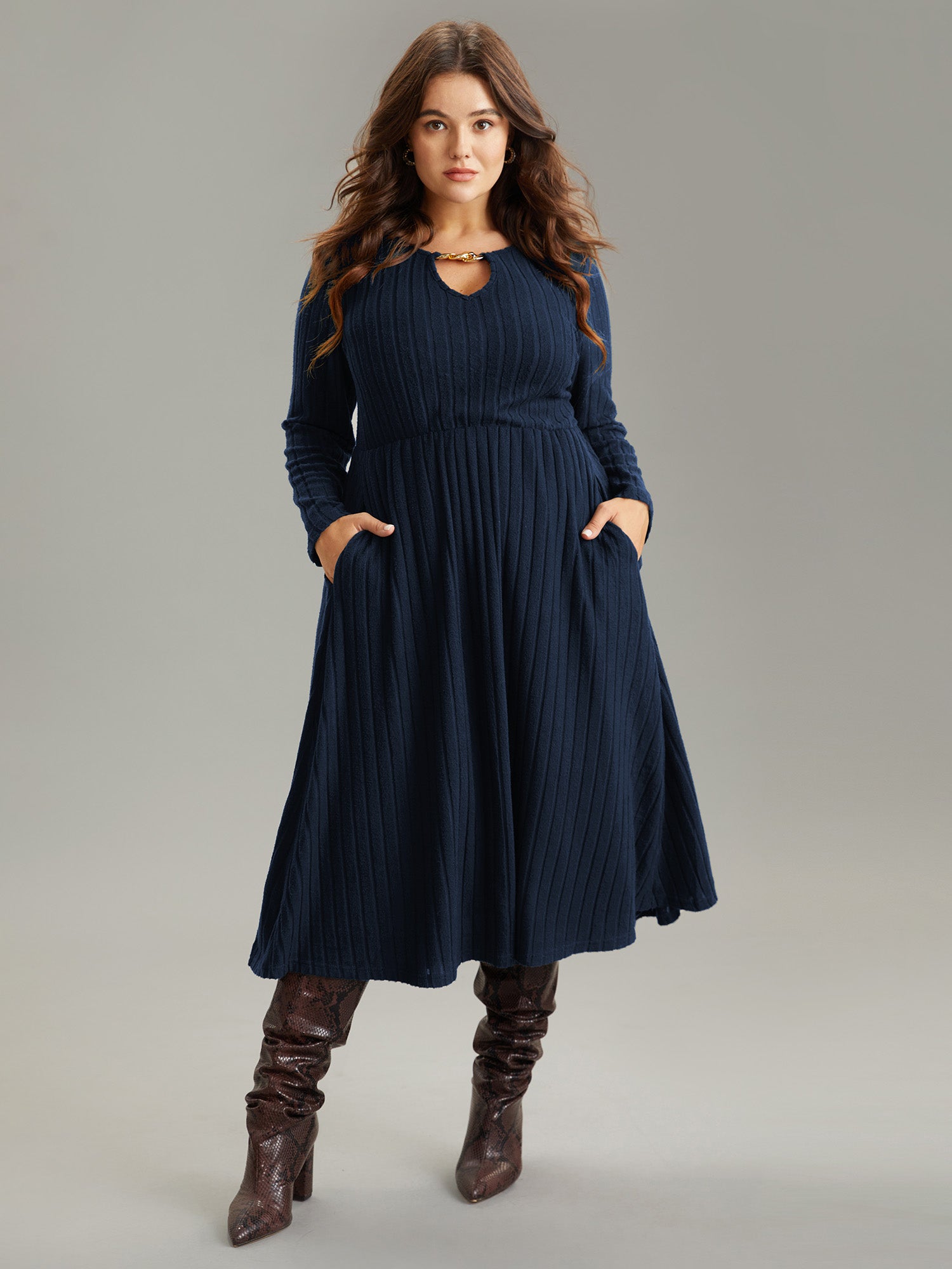 Rib Knit Plain Notched Pocket Dress