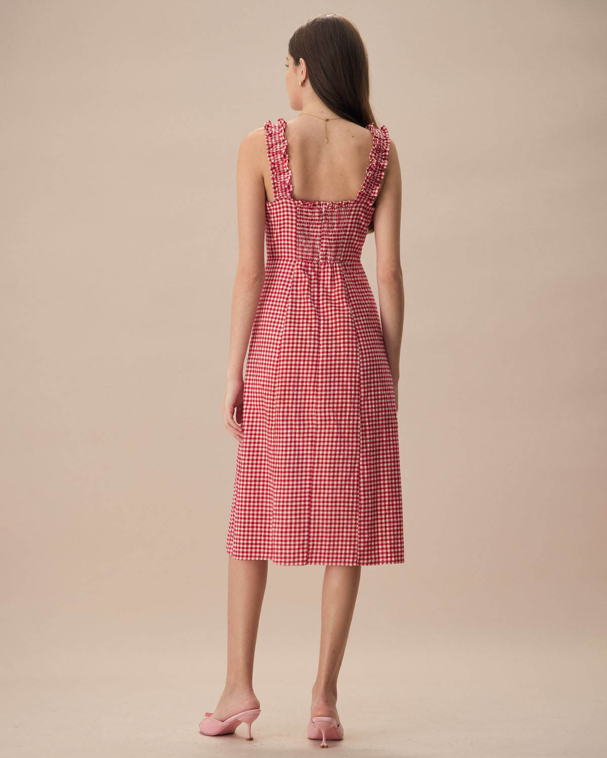The Red Square Neck Plaid Cotton Midi Dress